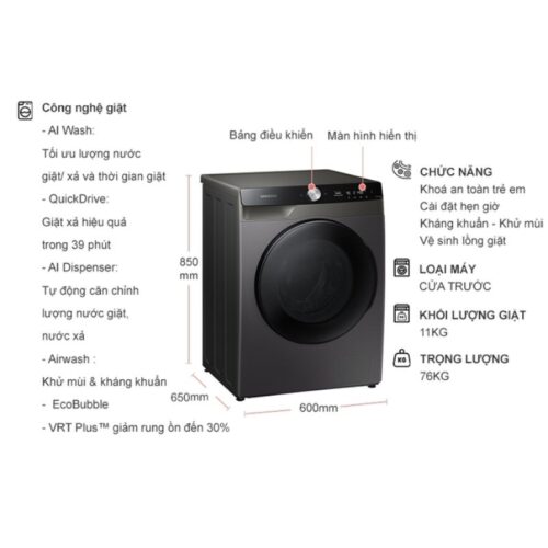 Kích thước máy Giặt Sấy Samsung Inverter AI Giặt 11 Kg - Sấy 7 Kg WD11T734DBX/SV